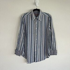 Robert Graham White Multicolored Striped Geometric Embroidered Button Up Shirt